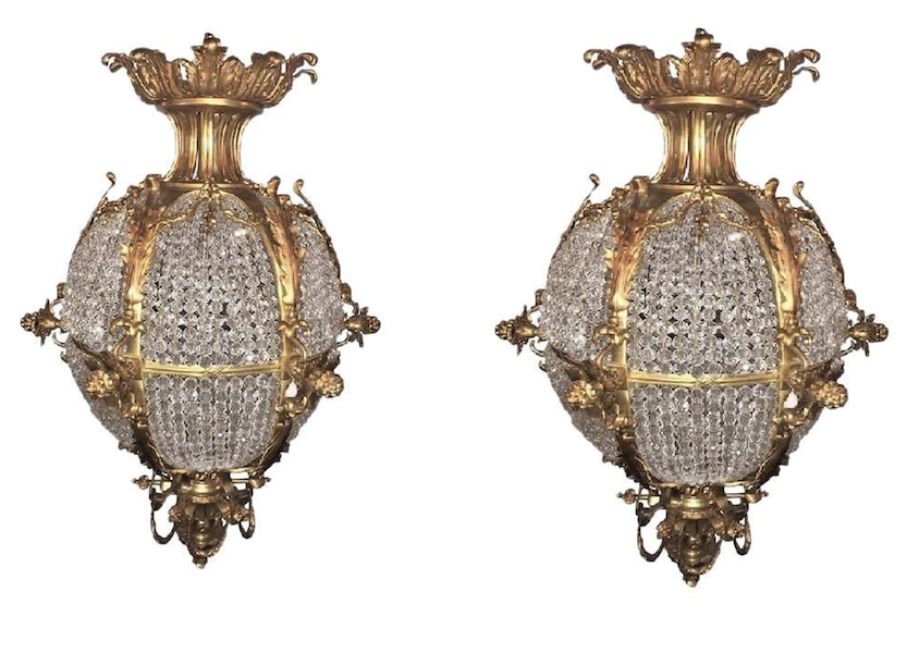 Pair of mid-20th-century dore bronze and crystal-beaded ball chandeliers, estimated at $21,000-$25,000 
