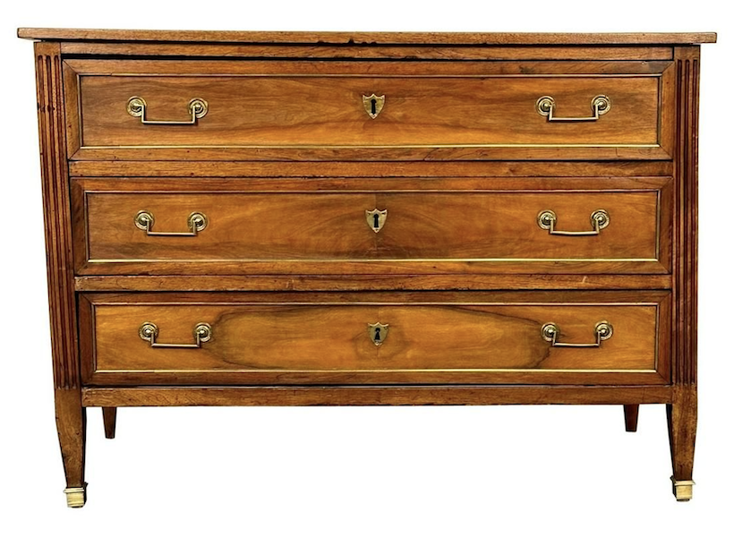 18th-century French Louis XVI mahogany commode or chest with bronze accents, estimated at $10,000-$12,000 