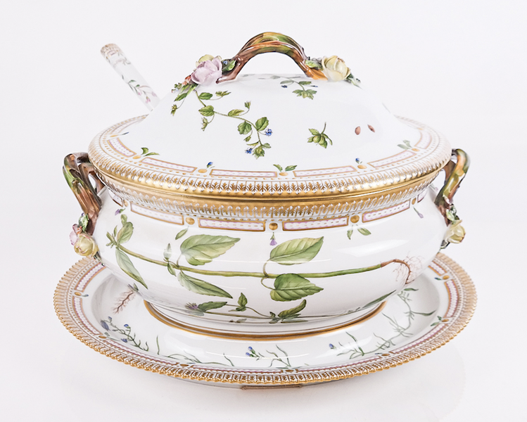 Royal Copenhagen Flora Danica tureen with cover and stand with ladle en suite, estimated at $7,000-$10,000. Image courtesy of Roland Auctions NY