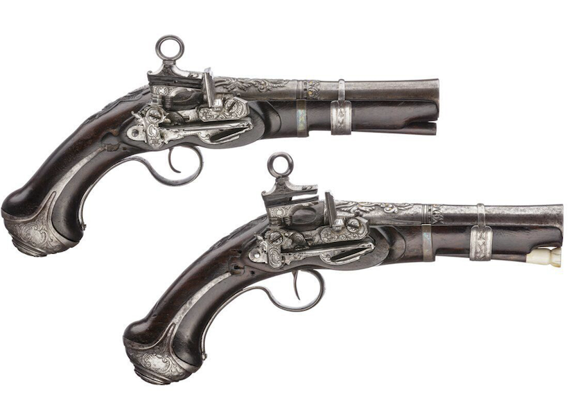 Spanish chiseled miquelet pistols, estimated at €6,500-€13,000. Image courtesy of Hermann Historica and LiveAuctioneers