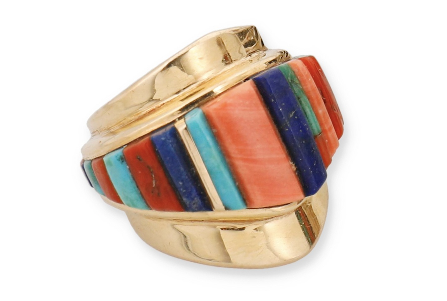 Charles Loloma Hopi gold stone inlay ring, $8,125. Image courtesy of John Moran Auctioneers