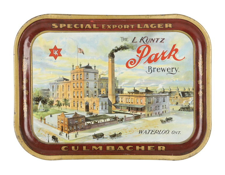 Canadian 1900 Kuntz Park Brewery Waterloo lithographed tin beer tray with vibrant colors and a rare factory scene, CA$12,980