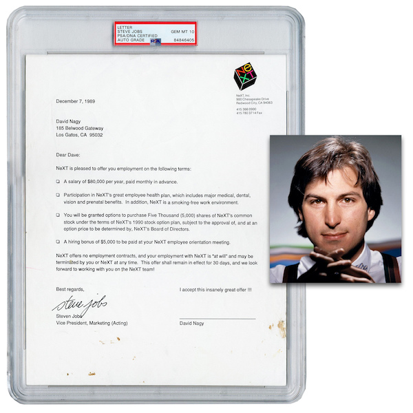 One-page typed December 7, 1989 letter signed by Steve Jobs, PSA/DNA encapsulated and graded GEM Mint 10, estimated at $25,000-$30,000