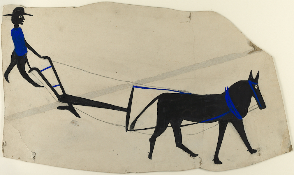 Bill Traylor (Benton, Ala. circa-1853–1949 Montgomery, Ala.) ‘Mule and Plow,’ circa 1939–42. Opaque watercolor and graphite on paperboard irregular: 38.6 by 65.7cm (15 3/16 by 25 7/8in.) Harvard Art Museums/Fogg Museum, collection of Didi & David Barrett ’71, 2011.64 © Bill Traylor Family Trust. Image: Courtesy of the Harvard Art Museums