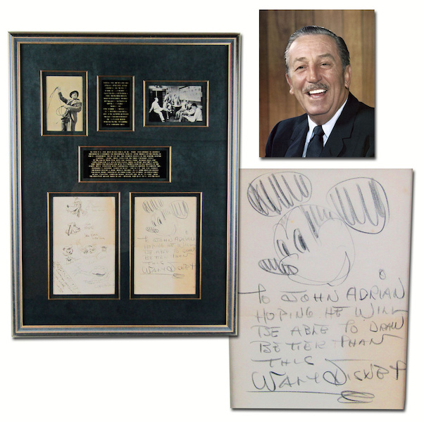 Walt Disney-signed sketch of Mickey Mouse, along with sketches and autographs from Goofy, Pluto and Donald Duck animators, estimated at $25,000-$30,000 