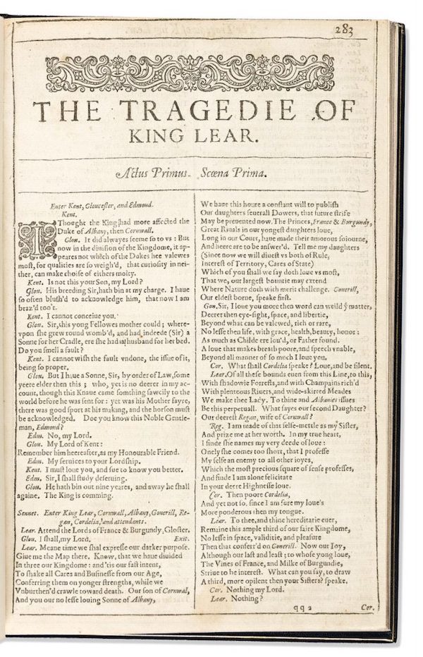 William Shakespeare, ‘King Lear; Othello; and Anthony & Cleopatra,’ extracted from the First Folio, offered in the May 4 Early Printed Books sale, $185,000. Image courtesy of Swann Auction Galleries