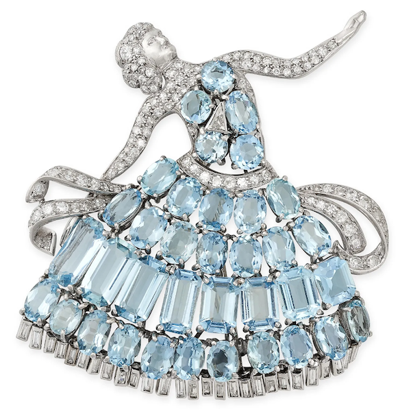 A vintage aquamarine and diamond ballerina brooch, depicting a lady dancing in a ball gown, achieved $18,856 plus the buyer’s premium in December 2022. Image courtesy of Elmwood’s and LiveAuctioneers.