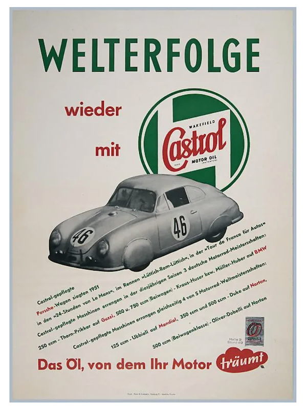 A Porsche Castrol advertising poster from 1951 touting the motor oil’s role in Le Mans wins achieved $4,274 plus the buyer’s premium in November 2019. Image courtesy of Automobilia Ladenburg Auction and LiveAuctioneers.