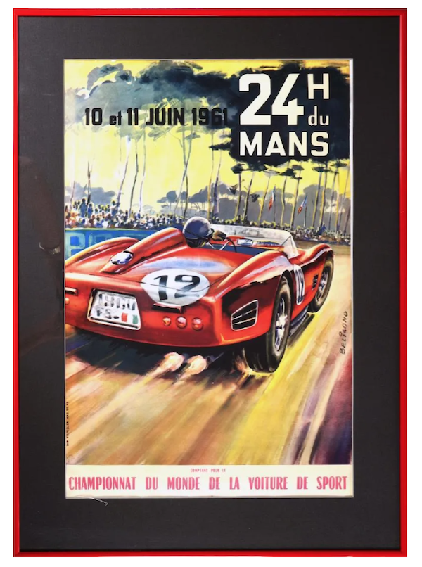 A 1962 Le Mans poster, picturing a Ferrari 250 TR/61, realized $536 plus the buyer’s premium in May 2019. Image courtesy of Ni-Cola Classics - Automobilia Auction & Classic Car Sales and LiveAuctioneers.