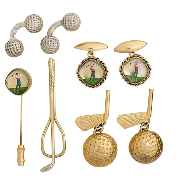 A lot of golf motif jewelry brought $900 plus the buyer’s premium in December 2018. Image courtesy of Rago Arts and Auction Center and LiveAuctioneers.