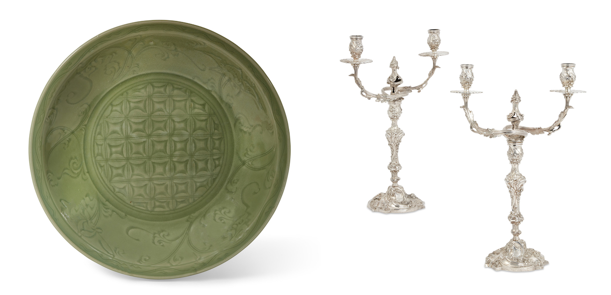 Left, Chinese carved longquan celadon charger from the June 18 auction, estimated at $2,000-$3,000; Right, pair of George III sterling silver two light candelabra by William Tuite, London, 1764, from the June 21 auction, estimated at $10,000-$20,000.