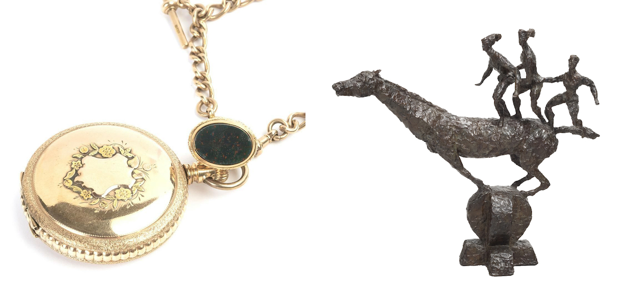 Left, C.H. Meylon & Co. 14K gold and diamond pocket watch with 9K gold chain and bloodstone watch fob, estimated at $1,500-$2,500; Right, Chaim Gross, ‘Horse with Three Acrobatic Riders,’ estimated at $1,000-$2,000. Images courtesy of Michaan’s Auctions