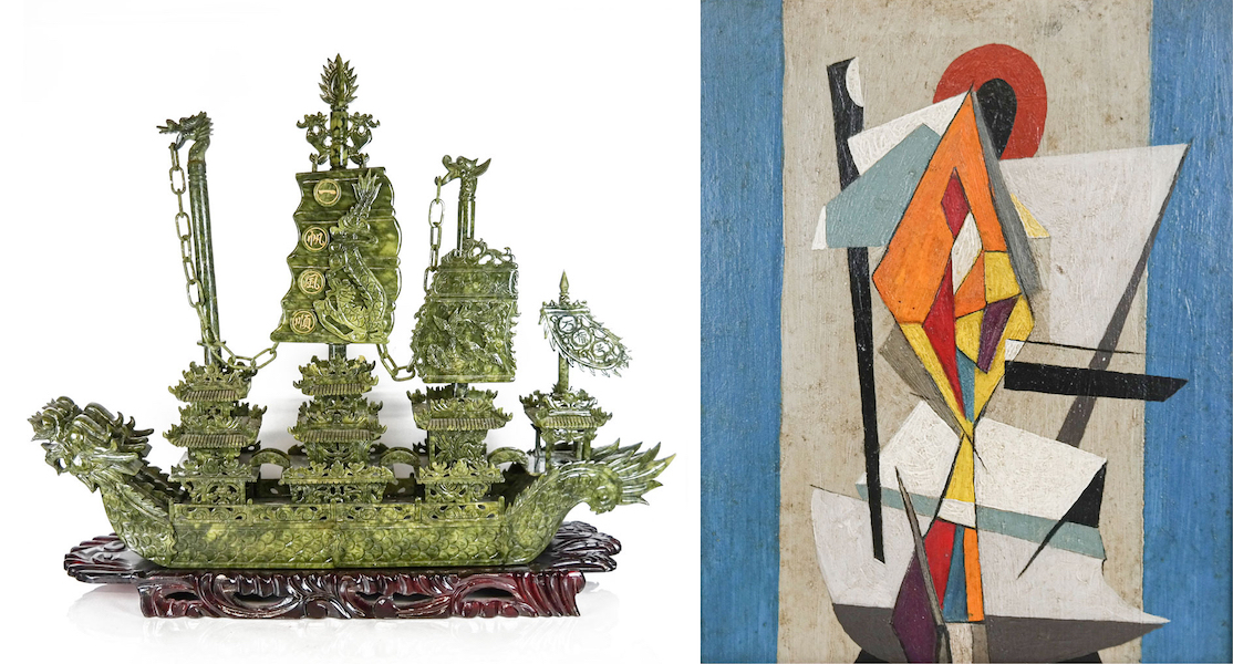 Left, large Chinese jade model of a galleon, offered in the June 2 session, $3,125; Right, a 1945 oil on board geometric abstract by Albert Eugene Gallatin, offered on June 3, $7,500. Images courtesy of Roland Auctions NY