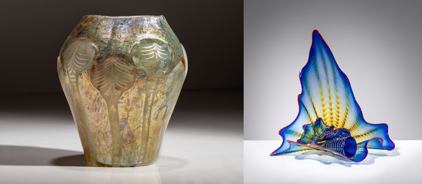 Left, Tiffany Studios Cypriote vase, from the May 23 Early 20th Century Design auction, $53,500; Right, Dale Chihuly’s Indigo Blue Persian Set with Red Lip Wrap, from the May 24 Modern Design sale, $13,860. Images courtesy of Hindman