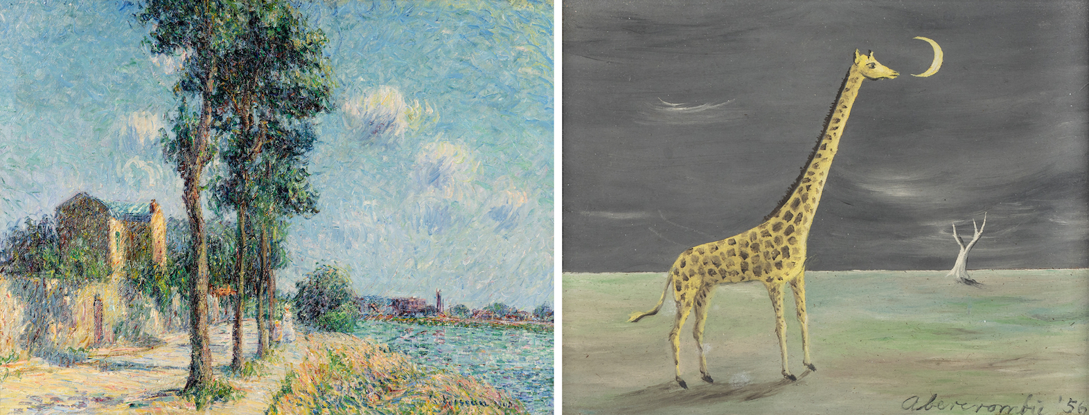 Left, Gustave Loiseau, ‘Le quai du Pothuis a Pontoise,’ $201,600, from the May 18 European Art sale; Right, Gertrude Abercrombie, ‘Giraffe and Moon,’ $182,700, from the May 19 American Art sale. Images courtesy of Hindman