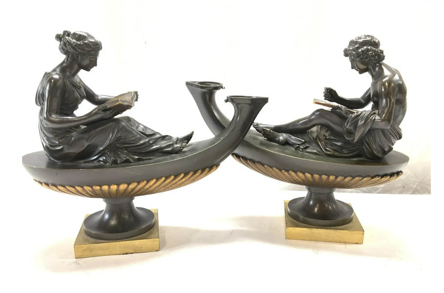 Pair of antique French Louis XVI Empire style bronze oil lamps, estimated at $1,000-$5,000 