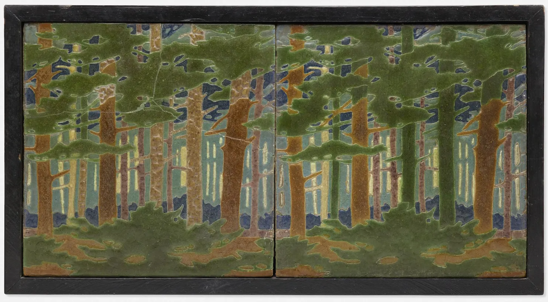 This circa-1906 tile diptych by Addison LeBoutillier for the Grueby Faience Company, titled ‘The Pines,’ realized $65,000 plus the buyer’s premium in May 2021. Image courtesy of Rago Arts and Auction Center and LiveAuctioneers.