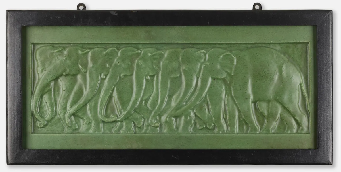 A large circa-1900 tile depicting elephants by Russell Crook for Grueby made $40,000 plus the buyer’s premium in September 2022. Image courtesy of Rago Arts and Auction Center and LiveAuctioneers.