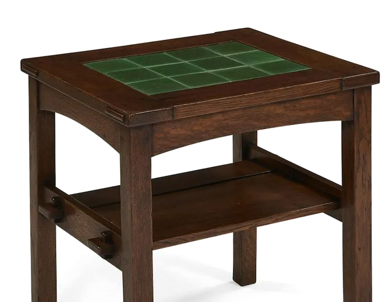 In partnership with Gustav Stickley, Grueby made tile tables such as this early 12-tile table that realized $12,000 plus the buyer’s premium in December 2021. Image courtesy of Toomey & Co. Auctioneers and LiveAuctioneers.