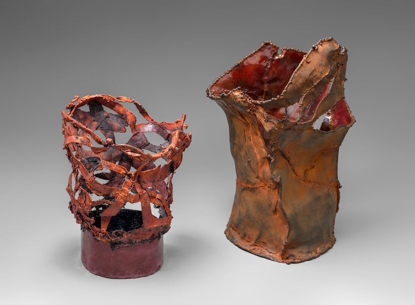 Left, June Schwarcz (1918-2015); ‘Abstract Vessel (#2511),’ 2014; electroplated copper, enamel; collection of Forrest L. Merrill; L2023.0601.037; Right, June Schwarcz (1918–2015); ‘Vessel (#2438),’ 2012; electroformed copper screen, enamel, iron plating; collection of Forrest L. Merrill, L2023.0601.036. Images courtesy of the SFO Museum