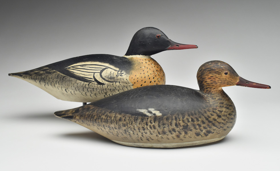 Rigmate pair of red-breasted mergansers by Elmer Crowell, estimated at $80,000-$120,000. Image courtesy of Guyette & Deeter, Inc.