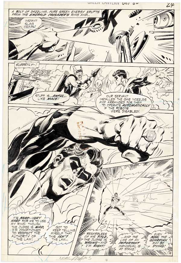 Neal Adams original pen-and-ink art for Page 19 of the DC comic book ‘Green Lantern’ Vol. 2, #80 (October 1970). Inked by Dick Giordano and Mike Peppe. Action-packed depiction from the ‘Even An Immortal Can Die!’ storyline, with Green Lantern’s power ring employed in all four panels and viewable in three of them. Size: 10.75in x 15.75in. Estimate: $20,000-$35,000. Image courtesy of Hake’s Auctions