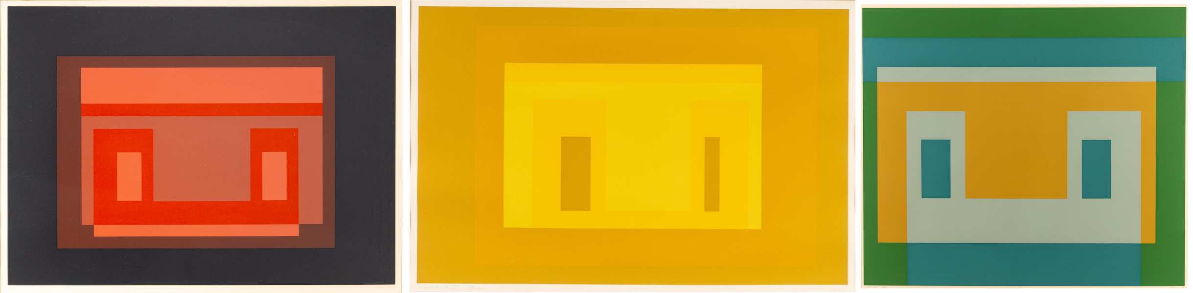 Three 1960s works by Josef Albers, left to right: ‘Variant X,’ estimated at $1,000-$2,000; ‘Variant I,’ estimated at $1,000-$2,000; and ‘II-S Va 1 (from the Six Variants series),’ estimated at $2,000-$4,000. Images courtesy of Hindman