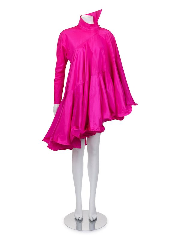 A hot pink Pierre Cardin haute couture asymmetrical flounced taffeta dress created between the 1990s and the 2000s went for $750 plus the buyer’s premium in June 2022. Image courtesy of Hindman and LiveAuctioneers