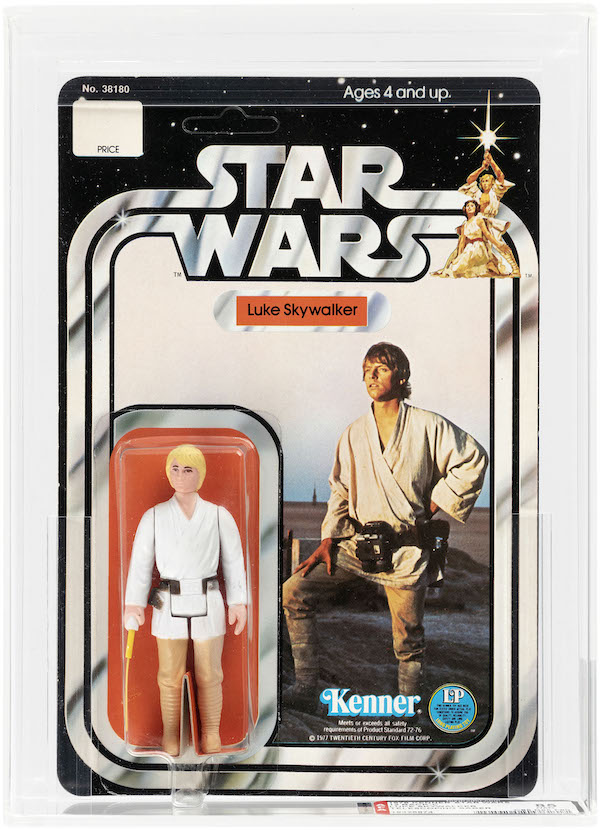 Kenner, 1978, Star Wars Luke Skywalker 12 Back-C action figure with double-telescoping lightsaber, AFA 85 NM+ (highest-graded example ever auctioned by Hake’s), 3.75in tall. Card unpunched, no price sticker. Archival case. Estimate: $50,000-$75,000. Image courtesy of Hake’s Auctions
