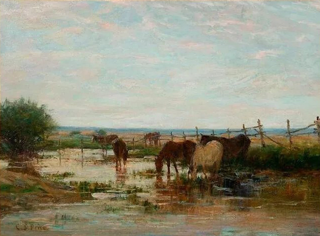 Clayton Sumner Price, ‘Horses at the Watering Hole,’ estimated at $8,000-$12,000. Image courtesy of Turner Auctions + Appraisals