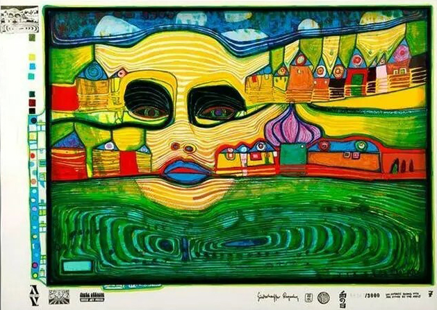 Friedensreich Hundertwasser, ‘Irinaland over the Balkans’ from Look at it on a Rainy Day, estimated at $1,500-$2,000. Image courtesy of Turner Auctions + Appraisals