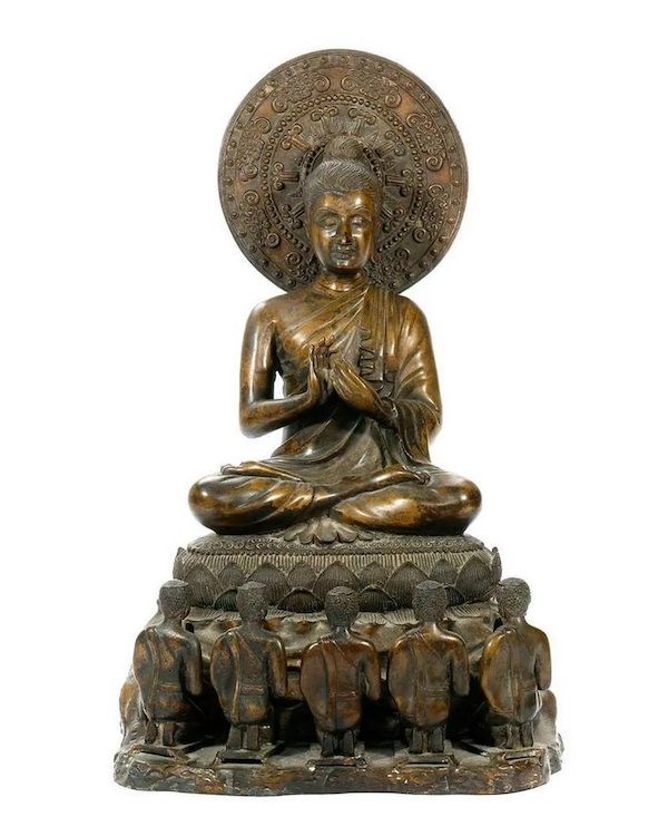 Seated bronze Buddha figure with halo, estimated at $2,000-$4,000. Image courtesy of Turner Auctions + Appraisals