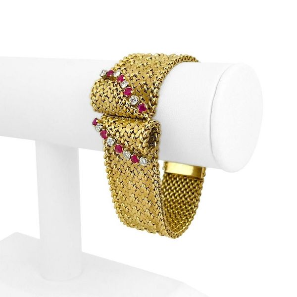 Bruno Guidi diamond, ruby and 18K gold mesh bracelet, estimated at $10,000-$12,000
