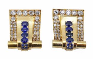Rene Boivin Retro-style double clip pins in 18K gold, diamond and sapphire, estimated at $55,000-$66,000