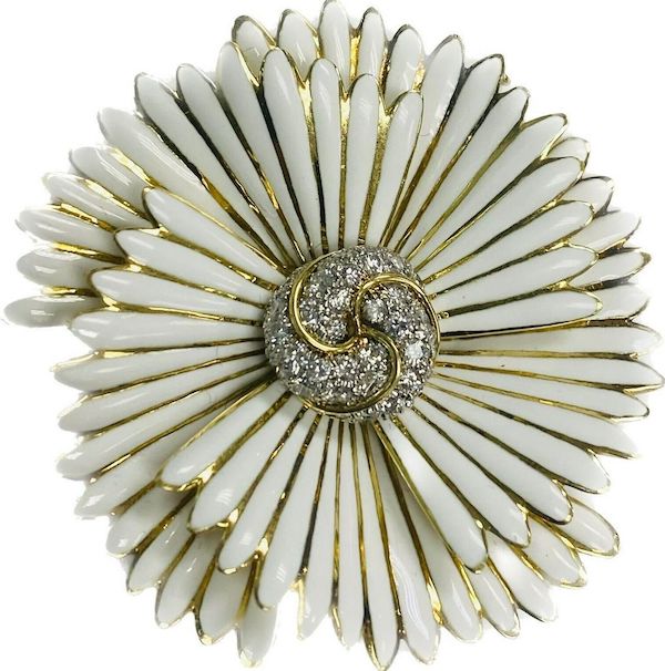 David Webb 18K gold, white enamel and diamond flower-form brooch, $19,000-$23,000