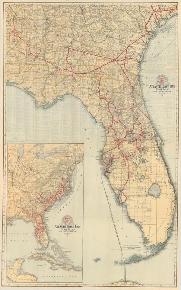1902 railroad company map showing H.B. Plant’s transportation system, ‘Complete Map of Florida and the South with Index Showing the Semi-Tropical Resorts Reached by the Lines of Atlantic Coast Line,’ $3,900