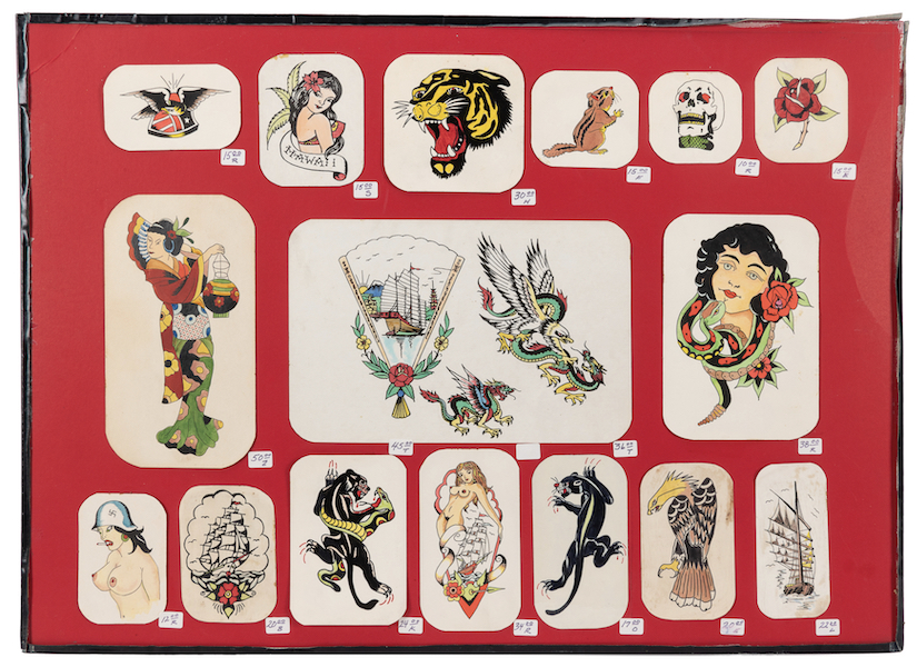 1960s-era display posterboard of tattoo flash drawings, $1,375. Image courtesy of Potter & Potter Auctions