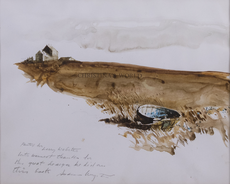 Inscribed original watercolor remarque by Andrew Wyeth on a book endpaper from Christina’s World, $34,375. Image courtesy of Thomaston Place Auction Galleries
