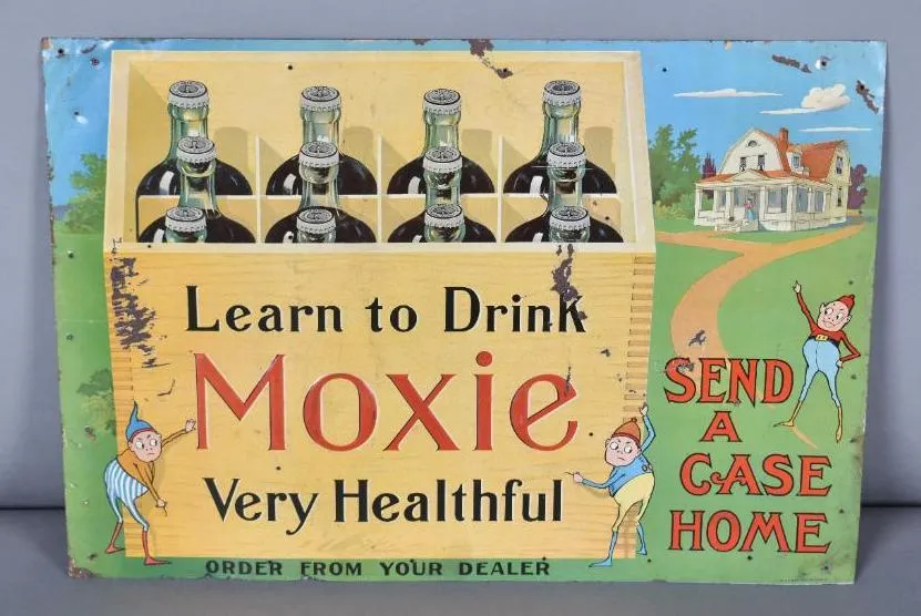 This vintage metal ‘Learn to Drink Moxie’ sign went for $2,100 plus the buyer’s premium in March 2022. Image courtesy of Matthews Auctions, LLC and LiveAuctioneers