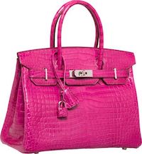 A 2007 Hermes Birkin 30cm in shiny rose shocking pink, fashioned from Porosus crocodile and sporting palladium hardware, achieved $36,000 plus the buyer’s premium in April 2016. Image courtesy of Heritage Auctions and LiveAuctioneers