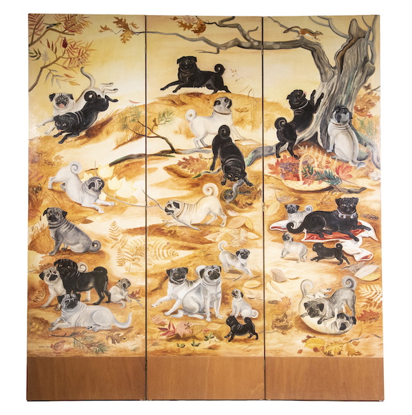 Three-section folding screen with pug dogs painting by Dahlov Ipcar, estimated at $20,000-$30,000. Image courtesy of Thomaston Place Auction Galleries