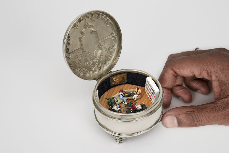 Curtis Talwst Santiago, ‘What you doing? Just chilling with some friends,’ 2017. Mixed-media diorama in Edwardian silver jewelry box. Collection of Molly Creamer, Philadelphia. © Curtis Talwst Santiago. Photo credit Dirk Tacke. Courtesy the artist 