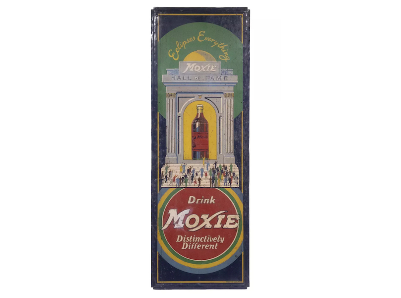 This circa-1930s embossed tin Moxie sign in original condition brought $7,000 plus the buyer’s premium against an estimate of $800-$1,200 in July 2022. Image courtesy of Thomaston Place Auction Galleries and LiveAuctioneers