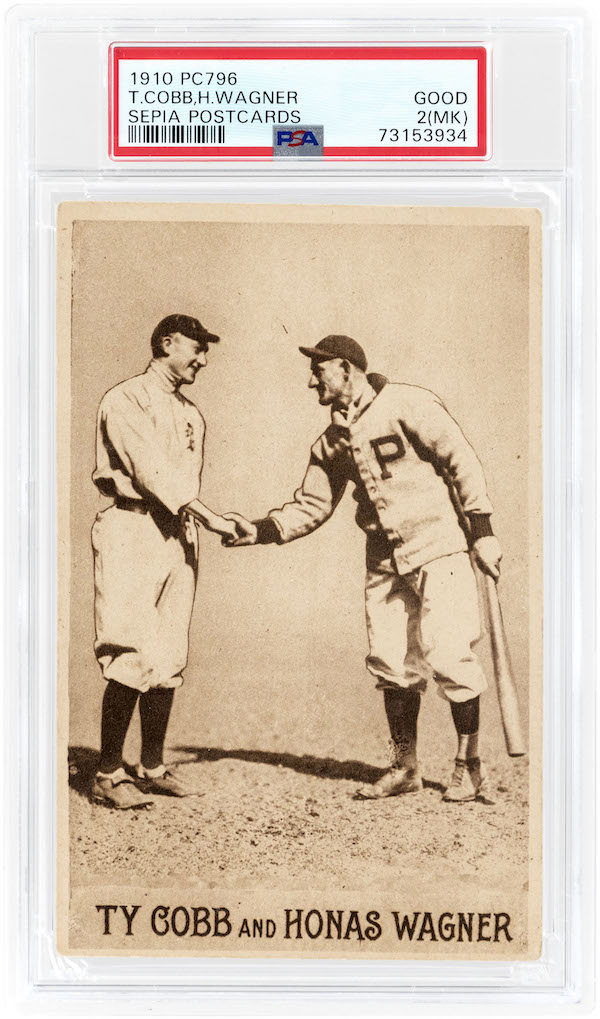 1910 postcard from the sought-after ‘PC796 Sepia Postcards’ series. Depicts Ty Cobb (HOF) shaking hands with Honus Wagner (HOF) at the 1909 World Series which pitted Cobb’s Detroit Tigers against Wagner’s ultimately victorious Pittsburgh Pirates. PSA-graded 2 (MK) Good. Estimate: $10,000-$20,000. Image courtesy of Hake’s Auctions