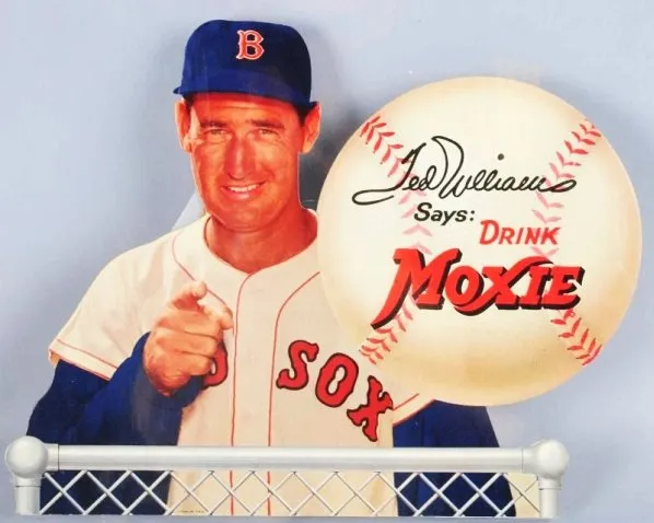 A 1950s Moxie ad showcasing Red Sox star Ted Williams, made from cardboard and in near-mint condition, went for $3,250 plus the buyer’s premium in February 2014. Image courtesy of Dan Morphy Auctions and LiveAuctioneers