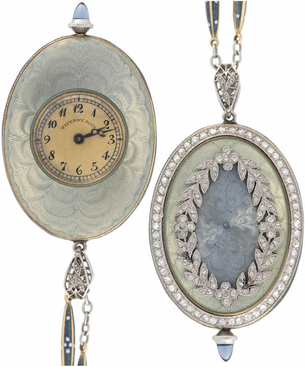 From a selection of fine jewelry by premier designers and watchmakers, a Tiffany & Co. (marked), 18K white gold, 17-jewel ladies pendant watch with accompanying 22in guilloche enameled station chain. Back of watch case adorned with 1.00 carat of old rose-cut diamonds. Estimate: $10,000-$20,000. Image courtesy of Hake’s Auctions