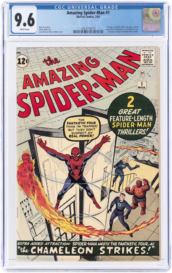 Marvel ‘Amazing Spider-Man’ #1 (March 1963), CGC 9.6 NM+, white pages, one of only five CGC 9.6 copies in existence and one of only three in its grade to have been offered for public sale in the past 10 years. Provenance: John B. Goodrich collection. Estimate: $350,000+. Image courtesy of Hake’s Auctions