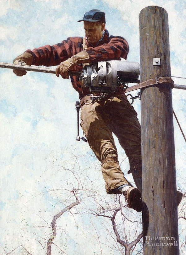 Norman Rockwell (1894-1978), ‘The Lineman,’ 1948. Advertisement illustration for Bell Telephone Company, 1949. Oil on canvas. Norman Rockwell Museum Collection, Norman Rockwell Art Collection Trust, NRM.2007.11.