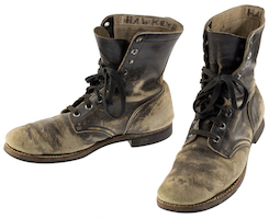 The combat boots and dog tags (not shown) Alan Alda wore when portraying Hawkeye Pierce on the legendary war sitcom ‘M-A-S-H’ will be auctioned July 28 to raise money for Alan Alda Center for Communicating Science at Stony Brook University in New York. Images courtesy of Heritage Auctions