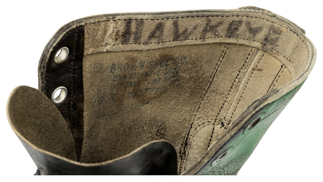 The name of Alan Alda’s ‘M-A-S-H’ character is written on the interior back of each combat boot. Image courtesy of Heritage Auctions